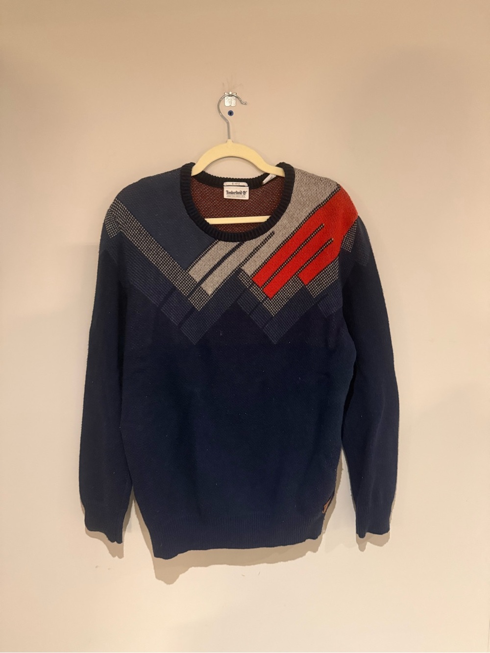 Timberland Navy Crewneck Sweater with Gray and Red Geometric Yoke